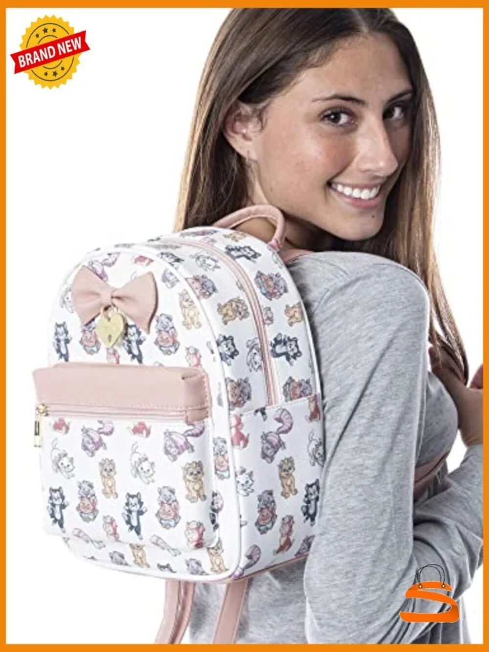 Mini Backpack Tote Bag - Faux Leather with Cartoon Cats Print